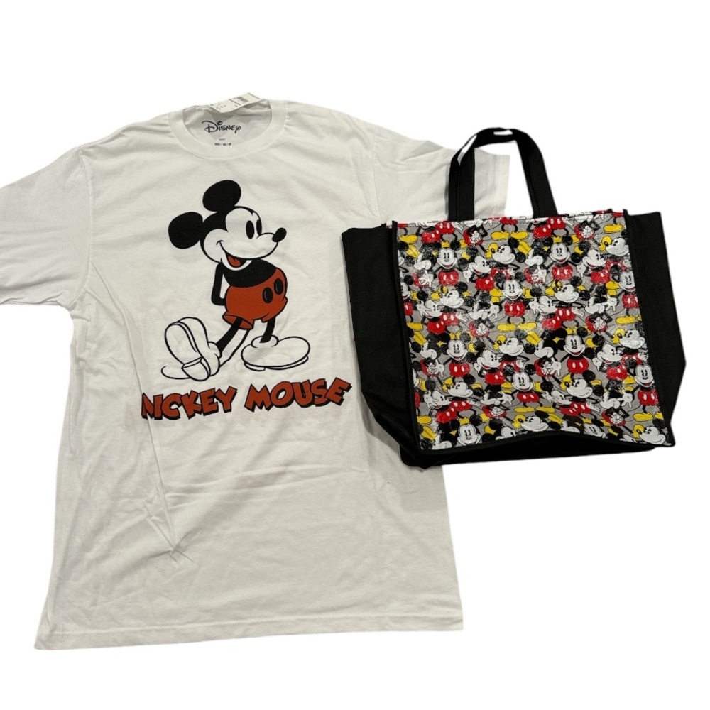 Disney Mickey Mouse double-sided white T-shirt medium, and reusable shopping bag